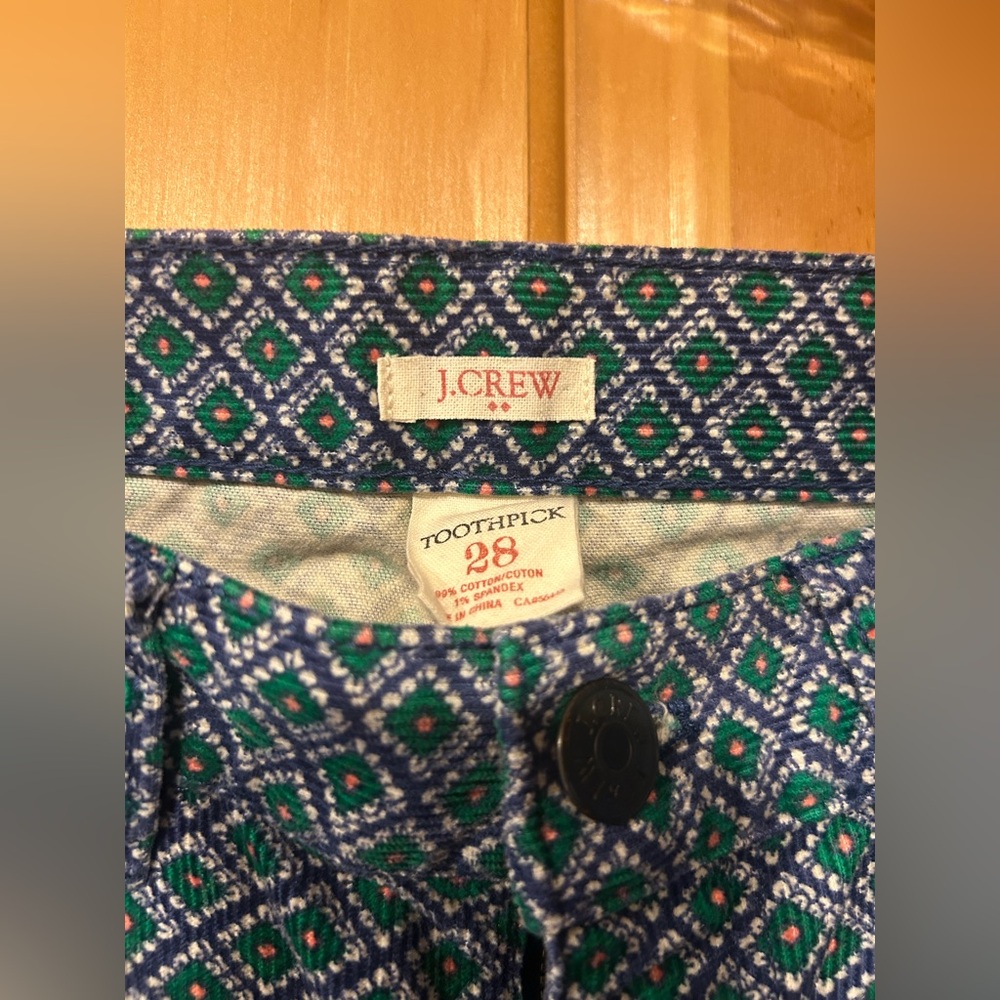 J.Crew Toothpick Corduroy Pants in Blue & Green Geo Print